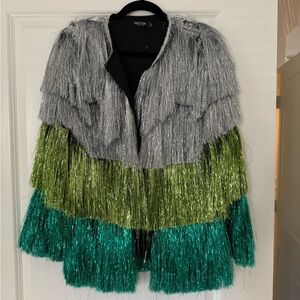 Nasty Gal Silver and Green Layered Fringe Cardigan